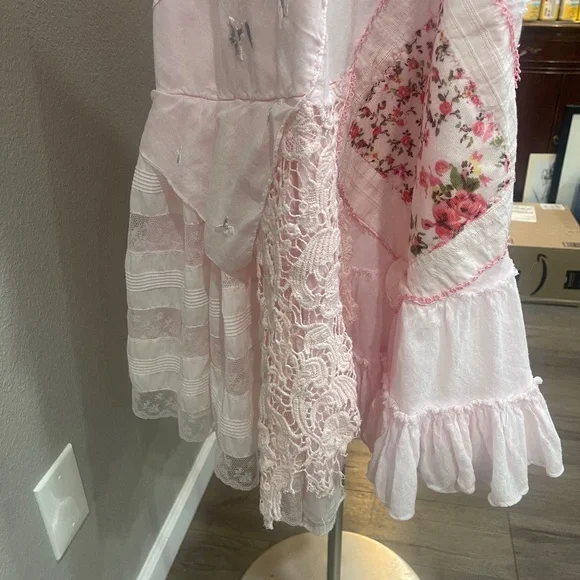 Pink Upcycled Boho Shabby Chic High Low  Dress with  Ruffles & Appliqués, Size M - Picture 10 of 13